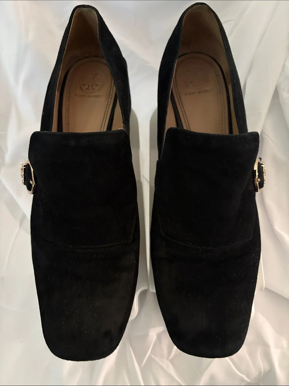 Tory Burch Black Suede Slip-On Loafers with Gold-Tone Buckle